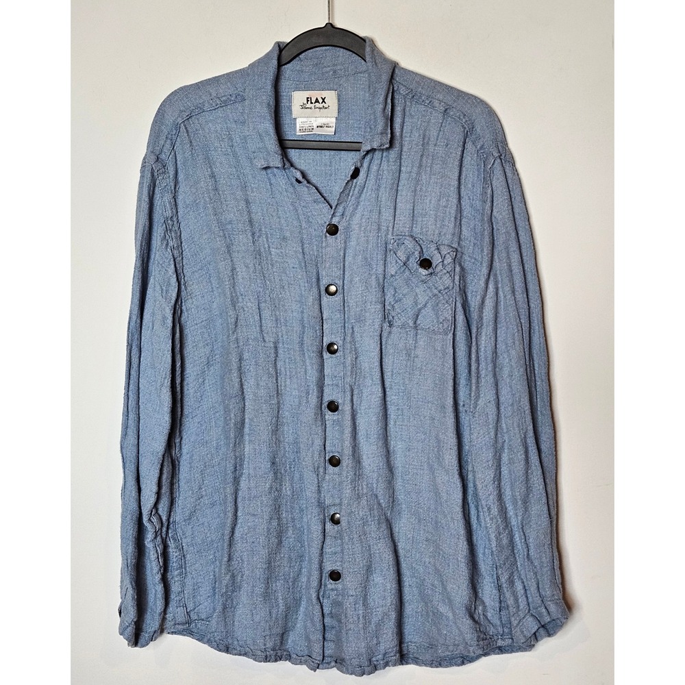 FLAX by Jeanne Engelhart Mens 100% Linen Button Down Shirt Medium Blue Resort